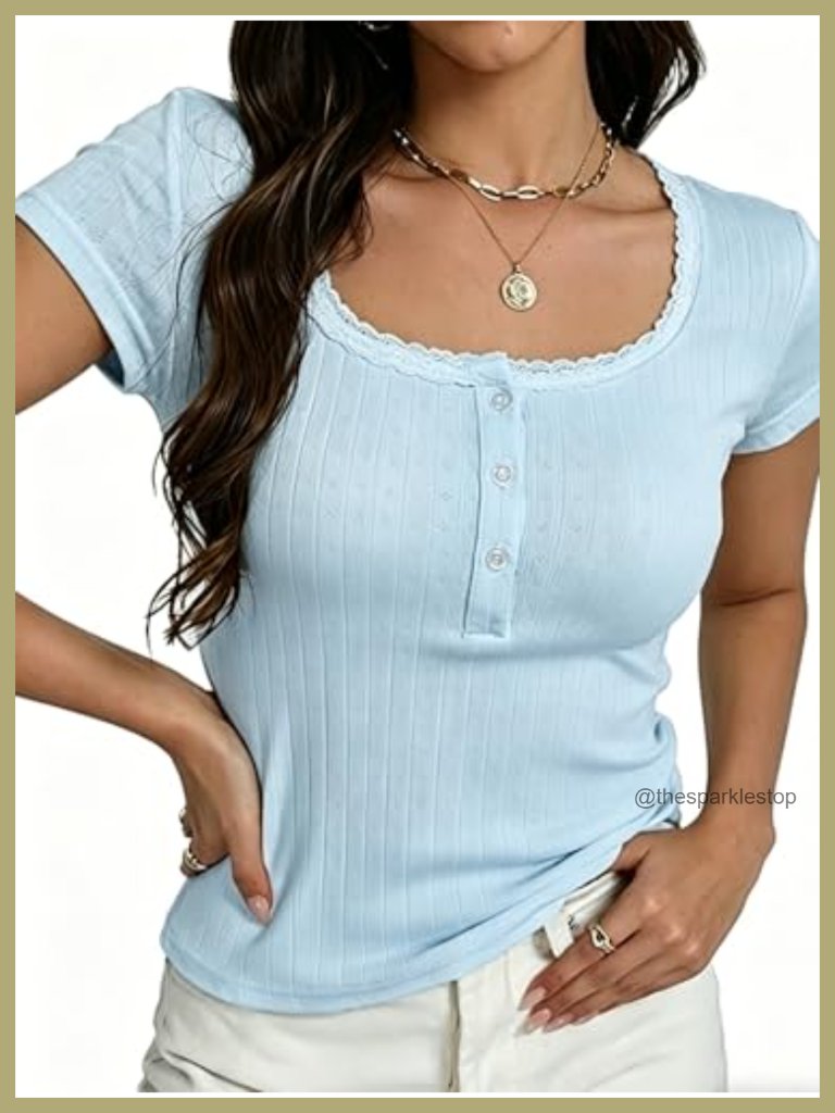 Y2k Henley Lace Crop Top Short Sleeve Tee Slim Fit